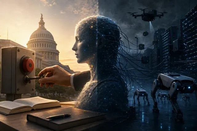 Illustration representing the debate over AI shutdown controls and human oversight
