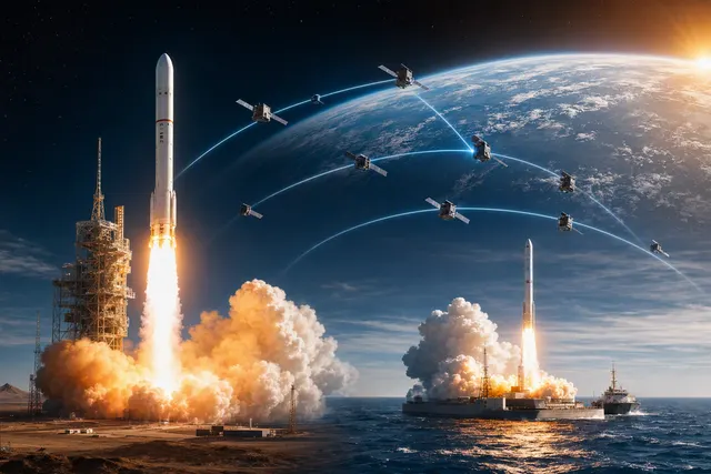 AI-generated illustration of Chinese commercial rockets launching Qianfan satellites from land and sea