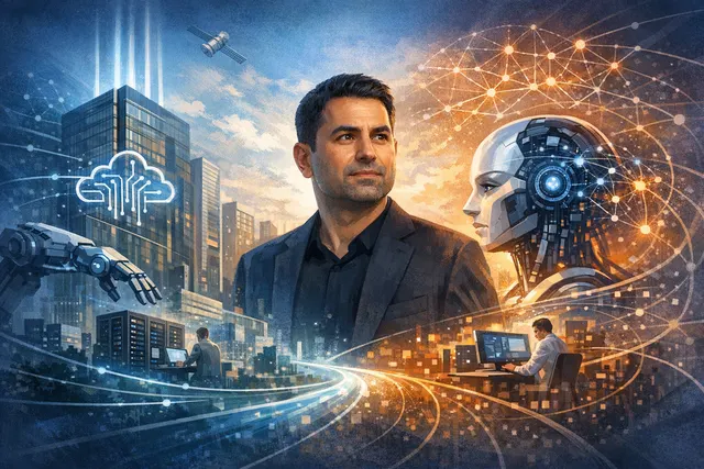 Abstract visualization of Microsoft's AI independence strategy with neural network motifs and enterprise technology themes, representing the shift from OpenAI dependency toward in-