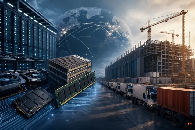 AI data center servers and memory chips illustrating the global DRAM and HBM supply crunch