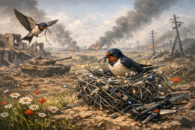A bird's nest woven with hair-thin fiber optic cables from FPV drones, found on the front lines in Ukraine's Donbas region.
