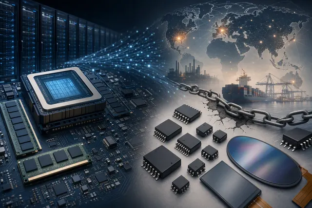 Illustration of AI data-center hardware and semiconductor chips representing pressure on memory and mature-node components