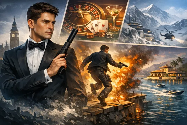 A digitally illustrated promotional image of a young James Bond in a sleek black suit, holding a silenced pistol, standing in a modern, shadowy interior with the game's logo and gl