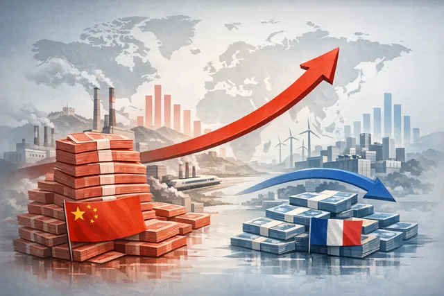 Conceptual illustration contrasting heavy industrial subsidies flowing toward Chinese manufacturing facilities while OECD factories receive minimal support, visualizing the 3–8x ga