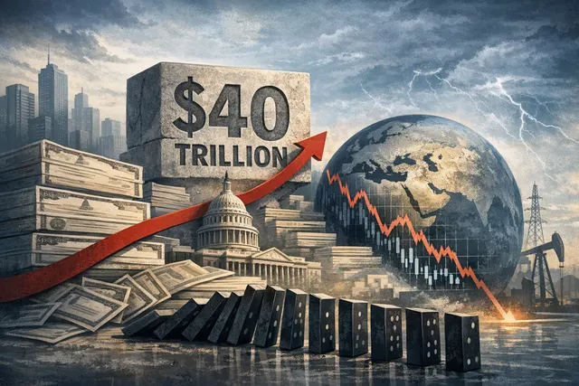 Editorial illustration of U.S. Treasury debt and rising government bond yields across global markets