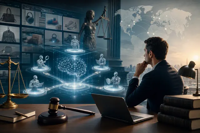 Editorial illustration of AI-powered online intellectual-property enforcement