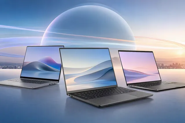 Editorial illustration of a premium Googlebook laptop with Android and AI-themed interface elements