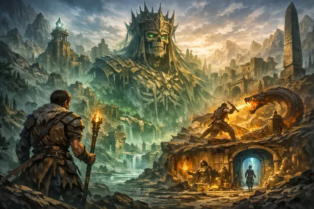 Path of Exile 2 Return of the Ancients key art showing a new exiled warrior standing before a glowing monolithic fortress in a dark fantasy landscape