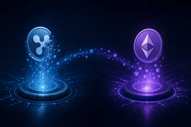 Illustration of RLUSD liquidity moving from the XRP Ledger to Ethereum through a matched burn and mint