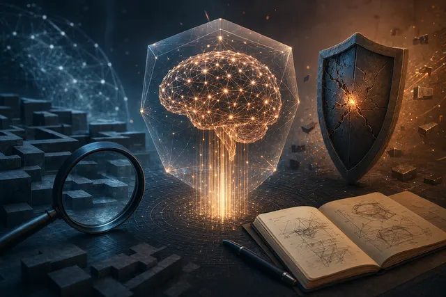 Abstract editorial illustration of Claude Mythos Preview with AI model and cybersecurity motifs