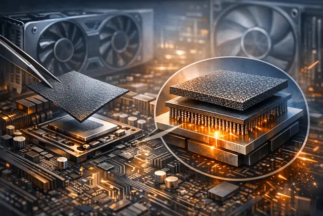 Computer-generated concept of a Noctua-branded carbon nanotube CPU thermal pad installed on an AMD processor.