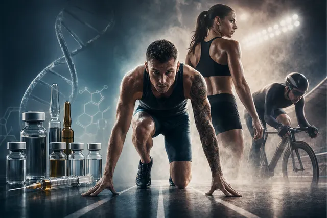 Athletes sprinting and swimming representing the controversial Enhanced Games where performance‑enhancing drugs are allowed under medical supervision