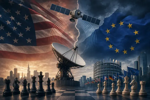 Illustration of a satellite linking a smartphone, representing the U.S.-EU dispute over satellite spectrum.