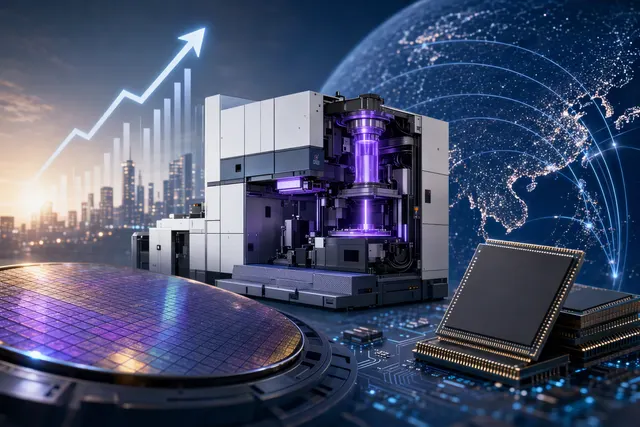 AI-generated editorial illustration accompanying an analysis of ASML and High-NA EUV adoption.