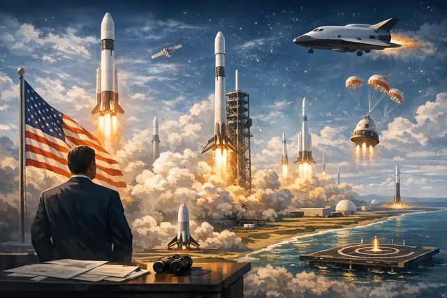 Illustration of commercial rockets launching from expanded U.S. spaceports under a 1,000-launch-by-2030 policy
