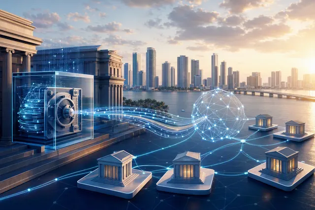 Conceptual illustration of banks connecting digital ledgers and payment networks