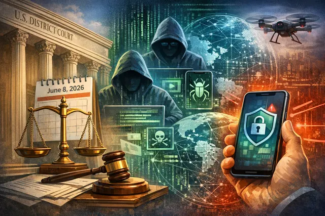 Digital illustration showing a WhatsApp logo shielding a smartphone from spyware threats, representing the legal and security battle against NSO Group's Pegasus surveillance tools.