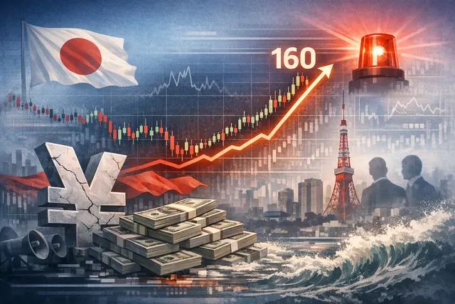 A financial chart of USD/JPY approaching the 160 level with volatility indicators and yen banknotes in the background