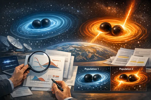 Conceptual visualization of two black holes merging, creating a larger rotating black hole—representing hierarchical black hole merger evidence from the MIT study