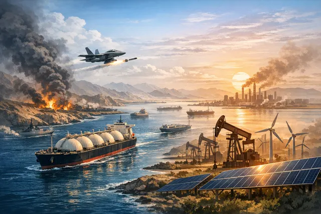 A conceptual visualization of the Strait of Hormuz blockage, depicting a maritime energy chokepoint with dark, turbulent waters and stranded tankers, symbolizing the global energy
