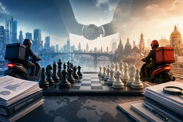 Conceptual illustration of Uber, Delivery Hero, and DoorDash competing in a takeover battle