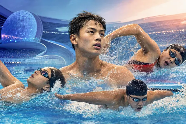 AI-generated editorial illustration representing competitive swimming