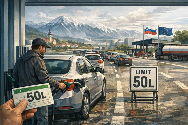Fuel pump and rationing notice illustrating Slovenia’s March 2026 fuel purchase limits