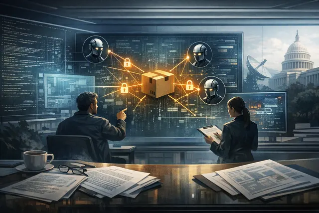 Abstract editorial illustration of AI agents coordinating across interconnected digital systems