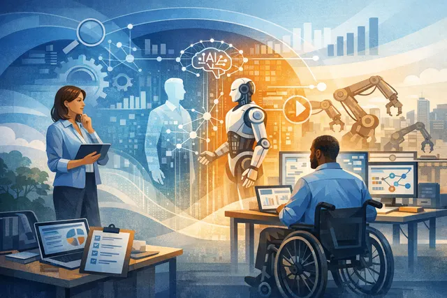 An abstract visualization of AI-driven workforce transformation, representing the automation of tasks across different roles and the human and organizational readiness challenges b