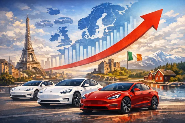 Tesla vehicles on a European street with a digital overlay showing upward sales performance charts and the Tesla logo for April 2026.