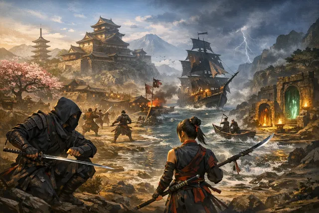 Assassin's Creed Shadows final update featuring Naoe and Yasuke, with Black Tides quest art and Domains endgame mode visuals