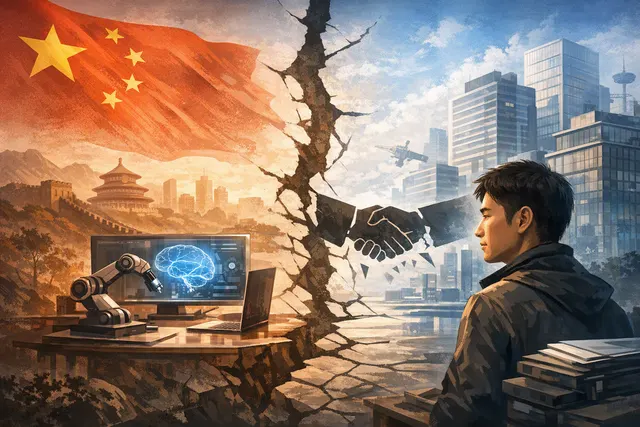 Editorial illustration of an AI startup separating from a large technology company amid cross-border regulatory scrutiny