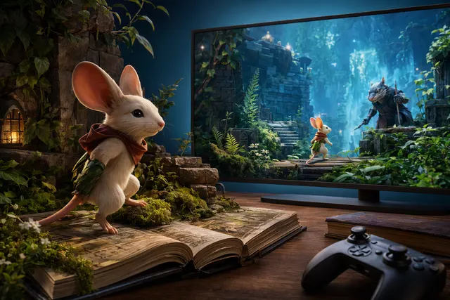 Fantasy adventure scene inspired by Moss showing the mouse hero Quill exploring a miniature kingdom