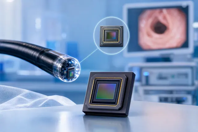 Illustration representing a miniature CMOS image sensor used in a medical endoscope
