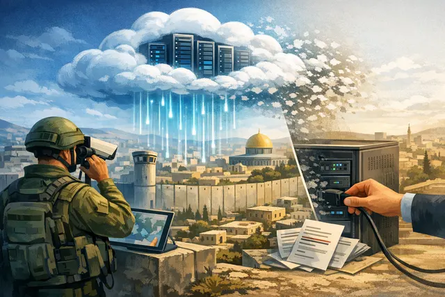 Abstract digital illustration representing cloud surveillance and corporate accountability, with a Microsoft-branded server room overlaid with surveillance data streams and Palesti
