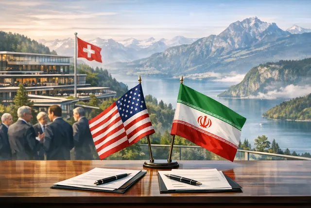 Diplomatic documents and the Bürgenstock resort symbolizing the U.S.-Iran interim deal and the upcoming formal signing in Switzerland