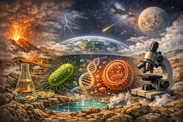 An artistic depiction of deep-sea hydrothermal vents with chemical and biological elements representing the proposed dual origin of life and metal-catalyzed metabolism.