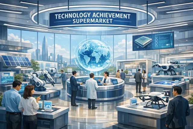 中国科学院深圳先进技术研究院科技成果超市的彩色技术成果卡片与扫码展示场景