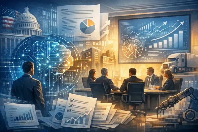 Editorial illustration of Sysco’s board expansion and AI transformation strategy, with logistics and supply-chain technology themes