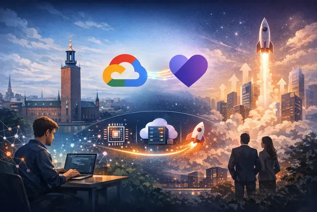 Illustration showing a Swedish AI startup, Lovable, connecting with Google Cloud infrastructure and Gemini AI models to power full-stack app generation for millions of users.