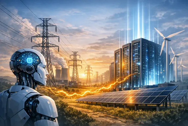 Illustration of Elon Musk, AI data centers, computer chips and power infrastructure representing the coming AI electricity shortage