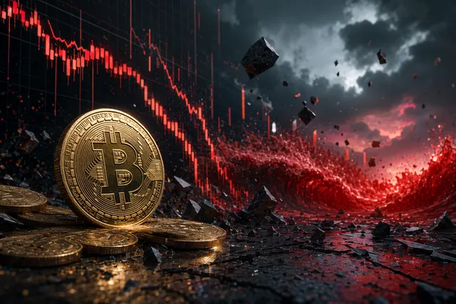 Illustration of crypto market crash with Bitcoin price drop and liquidation cascade