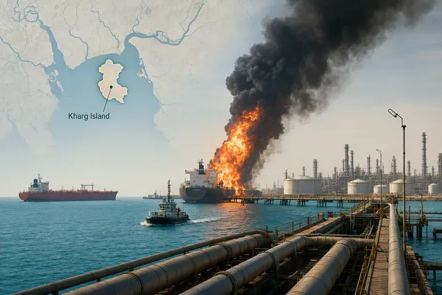 Illustrated aerial view of an oil tanker near an oil-export terminal at night