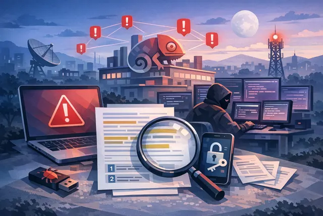 An AI-generated editorial image showing a Meccha Chameleon game scene with warning symbols and a hacked Discord server notification, representing the July 2026 malware and security