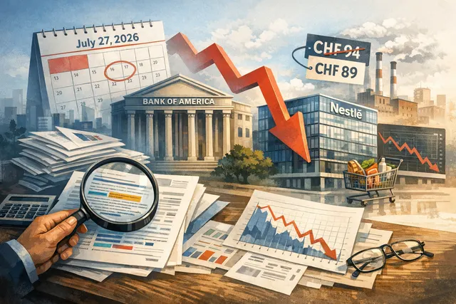 AI-generated image showing a Nestlé building with a falling stock chart above it, representing the BofA downgrade and price target cut.