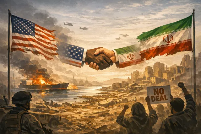Diplomatic documents on a table with the flags of the U.S. and Iran in the background, symbolizing the contentious negotiations of the preliminary war deal.