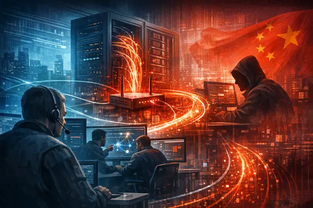 Editorial illustration of a cybersecurity team physically cutting a network cable to isolate Salt Typhoon hackers from T-Mobile’s network