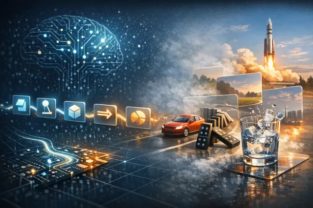 Conceptual illustration of PhiZero predicting physical-language tokens before rendering future video