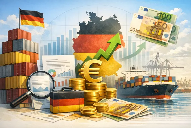 Editorial illustration of German export data and EUR/CAD currency chart showing trade surplus impact on forex rates