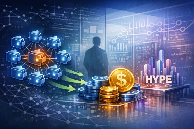 Abstract blockchain network showing coordinated crypto wallets moving USDC and accumulating HYPE on Hyperliquid